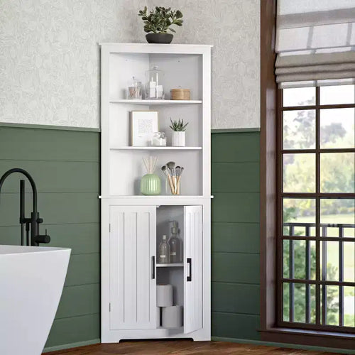 RiverRidge Monroe Tall Corner Bathroom Cabinet Storage Organizer with Doors and an Adjustable Shelf - White