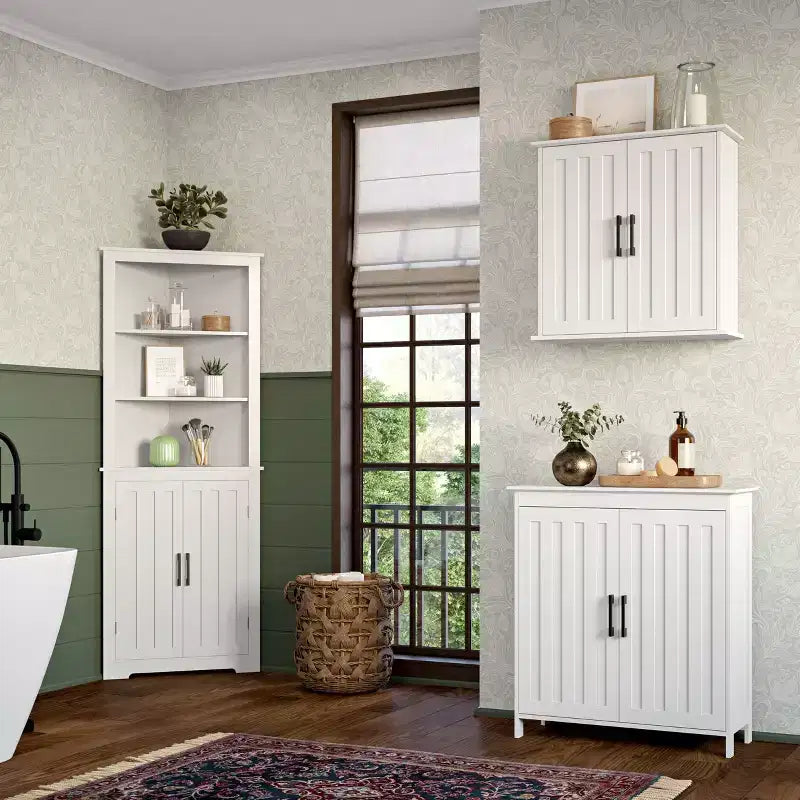 RiverRidge Monroe Tall Corner Bathroom Cabinet Storage Organizer with Doors and an Adjustable Shelf - White