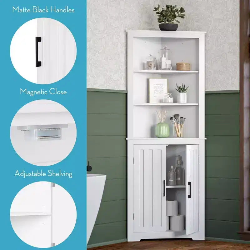 RiverRidge Monroe Tall Corner Bathroom Cabinet Storage Organizer with Doors and an Adjustable Shelf - White