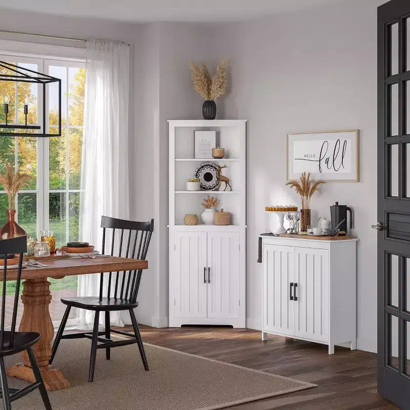 RiverRidge Monroe Tall Corner Bathroom Cabinet Storage Organizer with Doors and an Adjustable Shelf - White