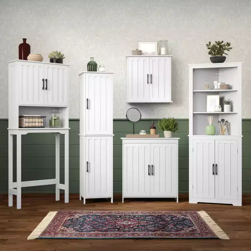 RiverRidge Monroe Tall Corner Bathroom Cabinet Storage Organizer with Doors and an Adjustable Shelf - White