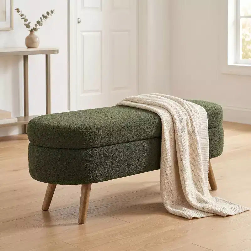 Stylish Ottoman Oval Storage Bench with Rubber Wood Legs, White Upholstered Seat, Perfect for Living Room, Bedroom, Multi-functional & Space-Saving