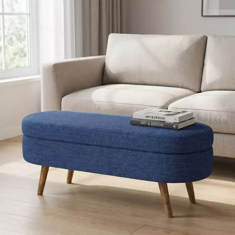 Stylish Ottoman Oval Storage Bench with Rubber Wood Legs, White Upholstered Seat, Perfect for Living Room, Bedroom, Multi-functional & Space-Saving