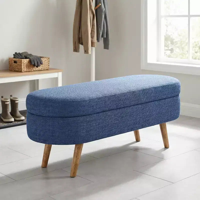 Stylish Ottoman Oval Storage Bench with Rubber Wood Legs, White Upholstered Seat, Perfect for Living Room, Bedroom, Multi-functional & Space-Saving