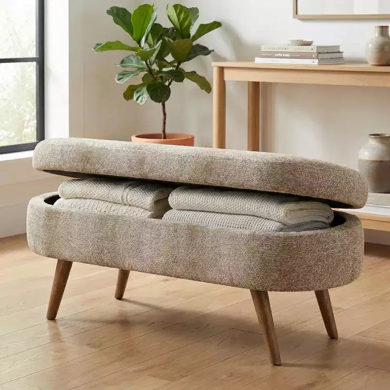 Stylish Ottoman Oval Storage Bench with Rubber Wood Legs, White Upholstered Seat, Perfect for Living Room, Bedroom, Multi-functional & Space-Saving