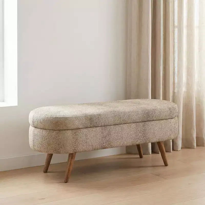 Stylish Ottoman Oval Storage Bench with Rubber Wood Legs, White Upholstered Seat, Perfect for Living Room, Bedroom, Multi-functional & Space-Saving