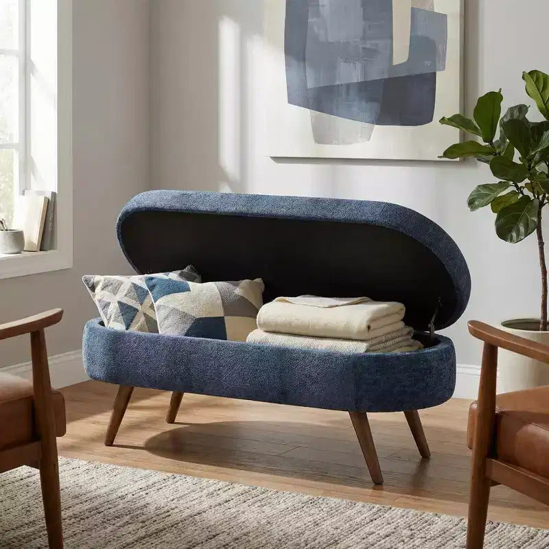 Stylish Ottoman Oval Storage Bench with Rubber Wood Legs, White Upholstered Seat, Perfect for Living Room, Bedroom, Multi-functional & Space-Saving