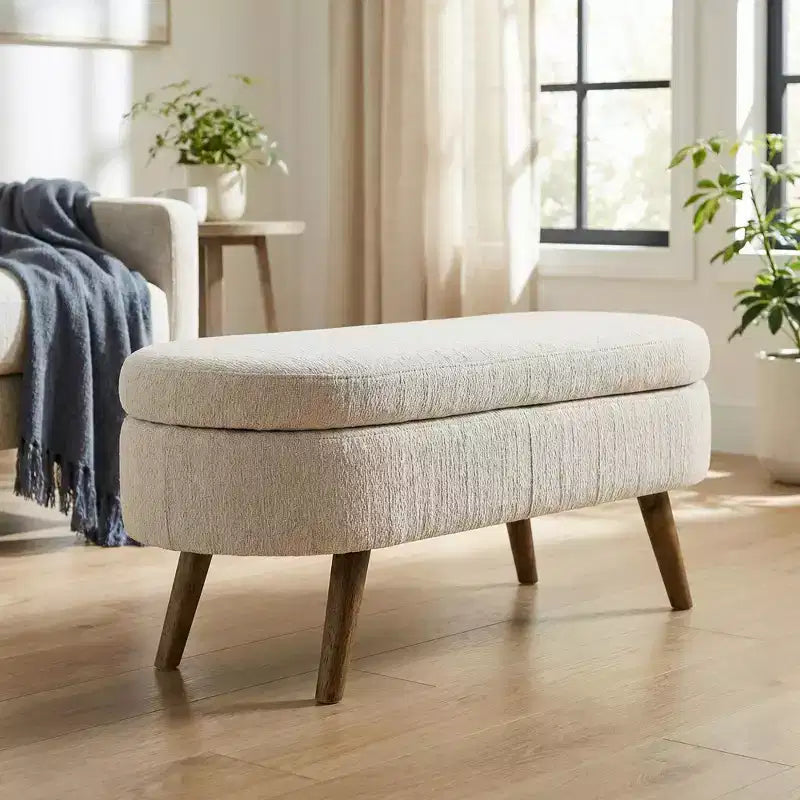 Stylish Ottoman Oval Storage Bench with Rubber Wood Legs, White Upholstered Seat, Perfect for Living Room, Bedroom, Multi-functional & Space-Saving