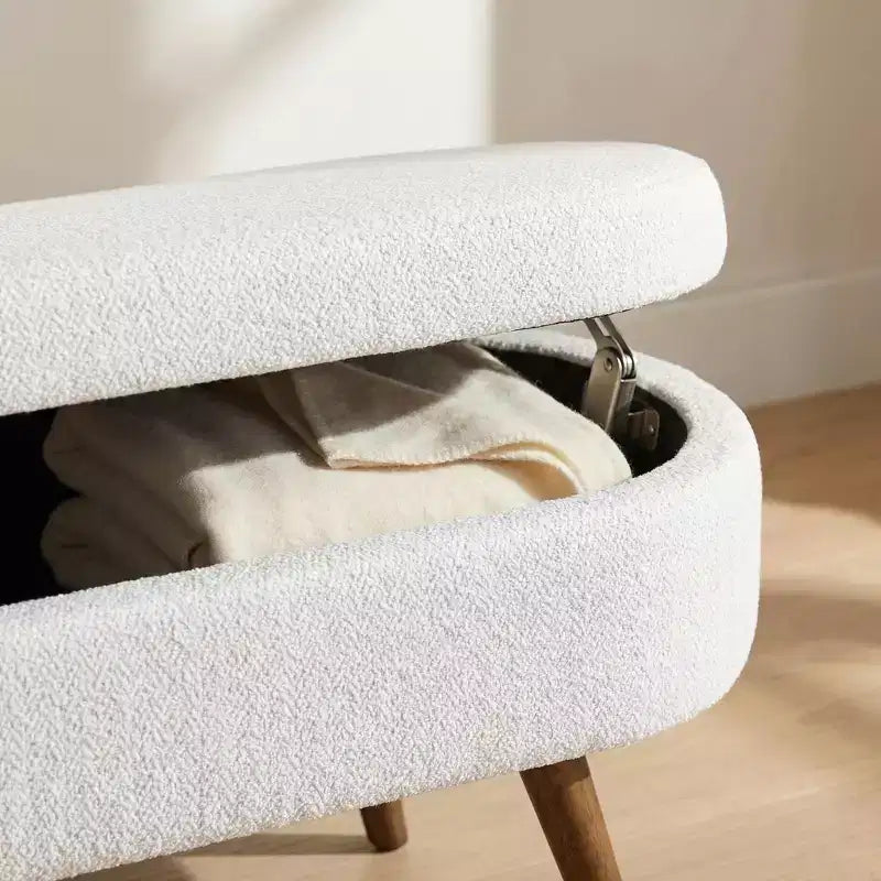 Stylish Ottoman Oval Storage Bench with Rubber Wood Legs, White Upholstered Seat, Perfect for Living Room, Bedroom, Multi-functional & Space-Saving