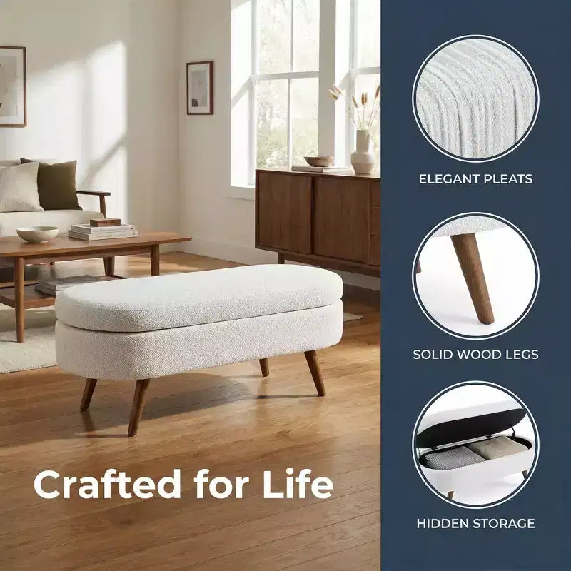 Stylish Ottoman Oval Storage Bench with Rubber Wood Legs, White Upholstered Seat, Perfect for Living Room, Bedroom, Multi-functional & Space-Saving