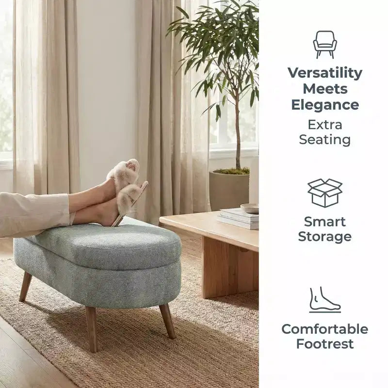 Stylish Ottoman Oval Storage Bench with Rubber Wood Legs, White Upholstered Seat, Perfect for Living Room, Bedroom, Multi-functional & Space-Saving