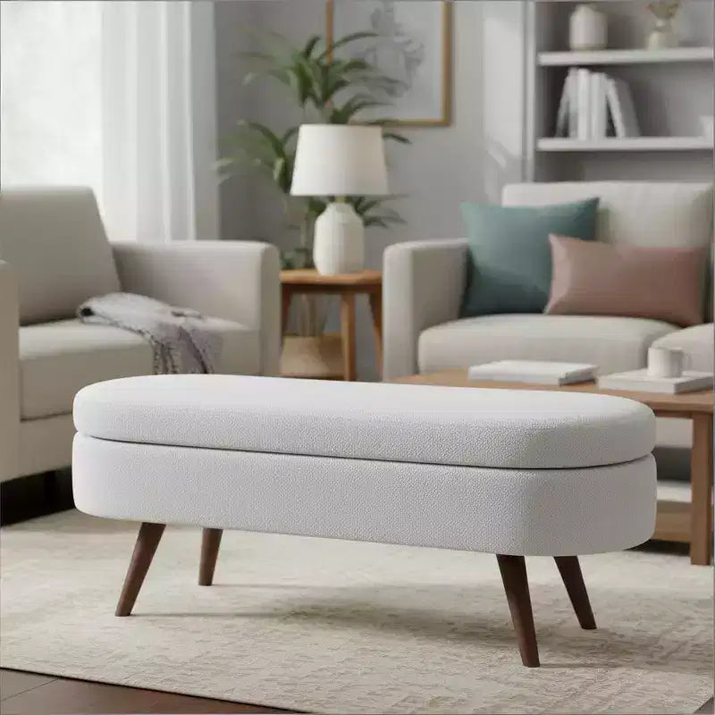 Stylish Ottoman Oval Storage Bench with Rubber Wood Legs, White Upholstered Seat, Perfect for Living Room, Bedroom, Multi-functional & Space-Saving