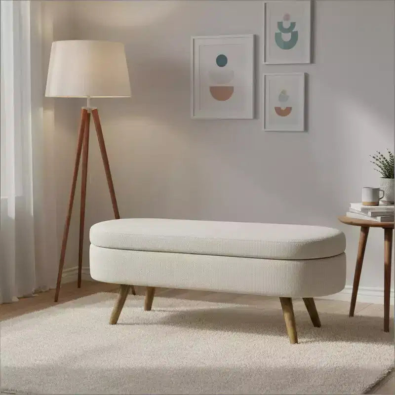 Stylish Ottoman Oval Storage Bench with Rubber Wood Legs, White Upholstered Seat, Perfect for Living Room, Bedroom, Multi-functional & Space-Saving