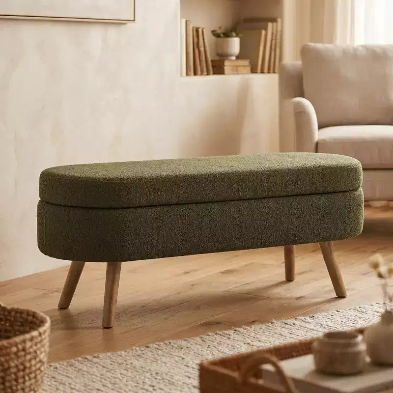 Stylish Ottoman Oval Storage Bench with Rubber Wood Legs, White Upholstered Seat, Perfect for Living Room, Bedroom, Multi-functional & Space-Saving