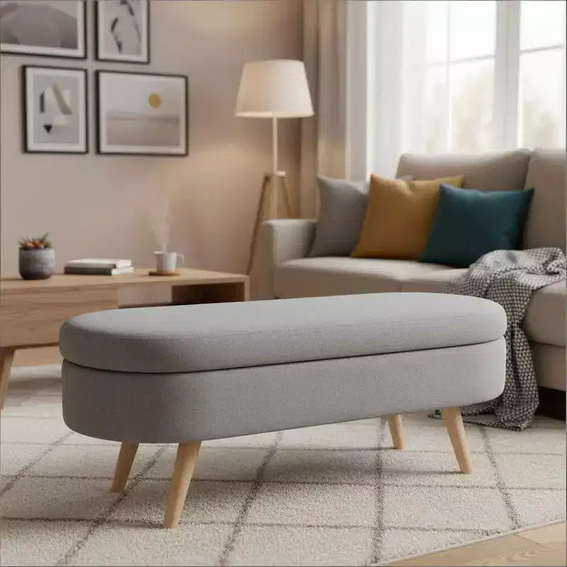 Stylish Ottoman Oval Storage Bench with Rubber Wood Legs, White Upholstered Seat, Perfect for Living Room, Bedroom, Multi-functional & Space-Saving