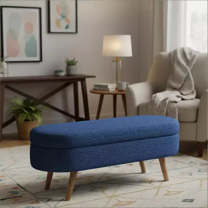 Stylish Ottoman Oval Storage Bench with Rubber Wood Legs, White Upholstered Seat, Perfect for Living Room, Bedroom, Multi-functional & Space-Saving
