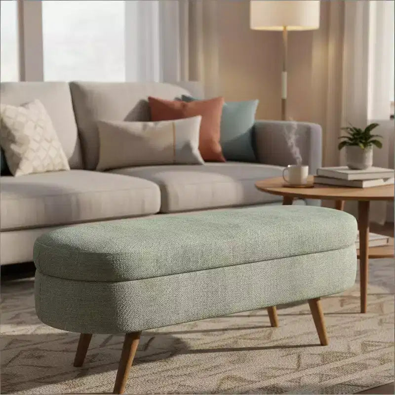 Stylish Ottoman Oval Storage Bench with Rubber Wood Legs, White Upholstered Seat, Perfect for Living Room, Bedroom, Multi-functional & Space-Saving