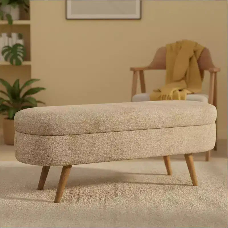 Stylish Ottoman Oval Storage Bench with Rubber Wood Legs, White Upholstered Seat, Perfect for Living Room, Bedroom, Multi-functional & Space-Saving