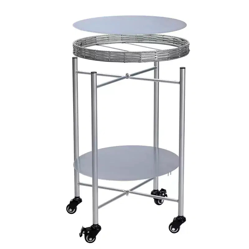 VIYET 23 2-Tier Movable Round Side Table with Wheels, Silver Metal Detachable End Table, for Living Room/Bedroom