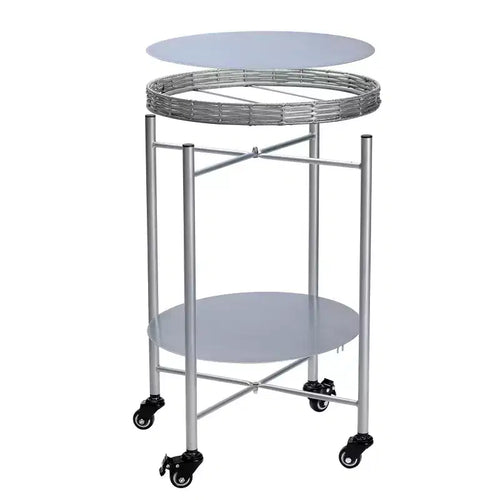 VIYET 23 2-Tier Movable Round Side Table with Wheels, Silver Metal Detachable End Table, for Living Room/Bedroom