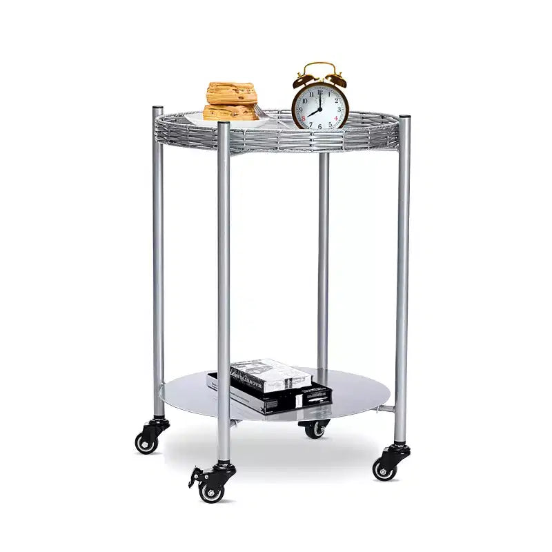 VIYET 23 2-Tier Movable Round Side Table with Wheels, Silver Metal Detachable End Table, for Living Room/Bedroom