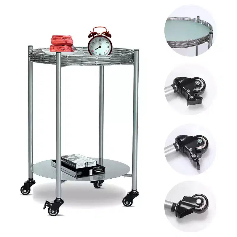 VIYET 23 2-Tier Movable Round Side Table with Wheels, Silver Metal Detachable End Table, for Living Room/Bedroom