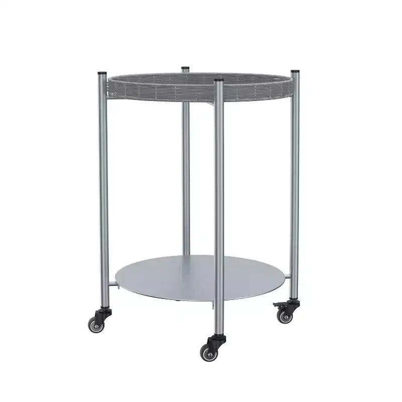 VIYET 23 2-Tier Movable Round Side Table with Wheels, Silver Metal Detachable End Table, for Living Room/Bedroom