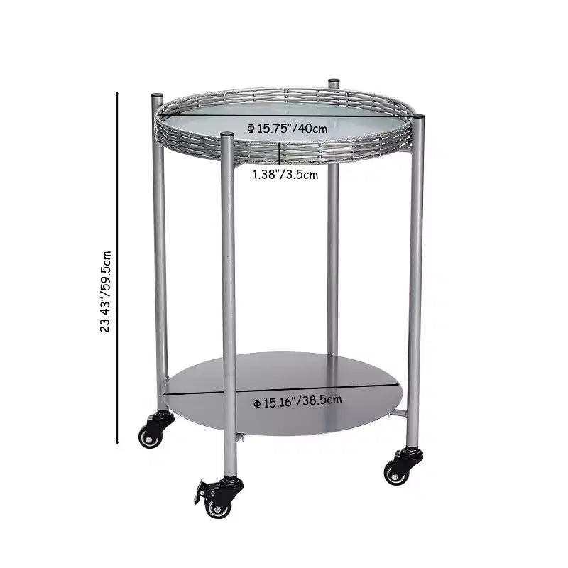 VIYET 23 2-Tier Movable Round Side Table with Wheels, Silver Metal Detachable End Table, for Living Room/Bedroom