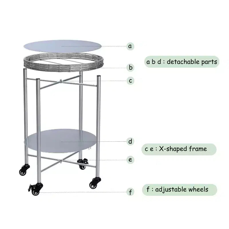 VIYET 23 2-Tier Movable Round Side Table with Wheels, Silver Metal Detachable End Table, for Living Room/Bedroom
