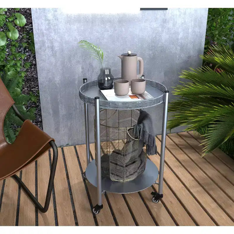 VIYET 23 2-Tier Movable Round Side Table with Wheels, Silver Metal Detachable End Table, for Living Room/Bedroom