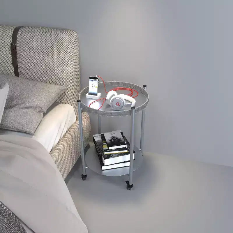 VIYET 23 2-Tier Movable Round Side Table with Wheels, Silver Metal Detachable End Table, for Living Room/Bedroom