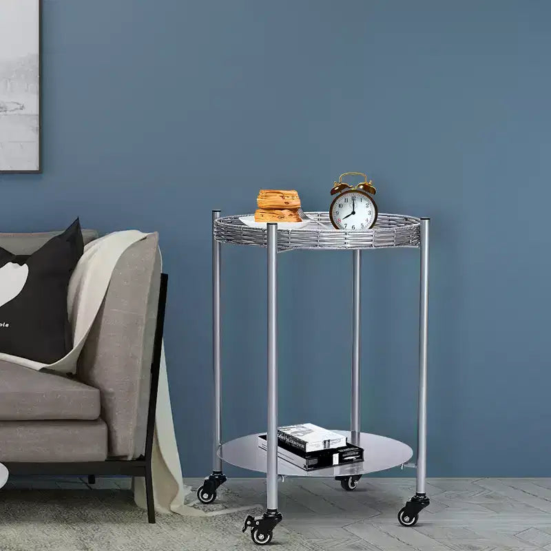 VIYET 23 2-Tier Movable Round Side Table with Wheels, Silver Metal Detachable End Table, for Living Room/Bedroom