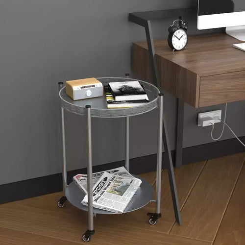 VIYET 23 2-Tier Movable Round Side Table with Wheels, Silver Metal Detachable End Table, for Living Room/Bedroom