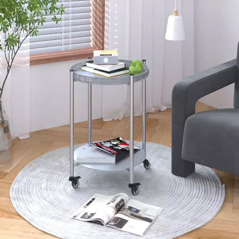 VIYET 23 2-Tier Movable Round Side Table with Wheels, Silver Metal Detachable End Table, for Living Room/Bedroom