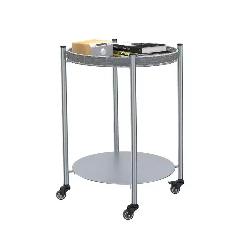 VIYET 23 2-Tier Movable Round Side Table with Wheels, Silver Metal Detachable End Table, for Living Room/Bedroom