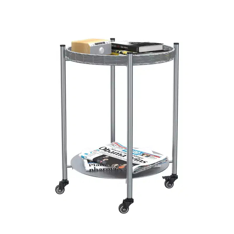 VIYET 23 2-Tier Movable Round Side Table with Wheels, Silver Metal Detachable End Table, for Living Room/Bedroom