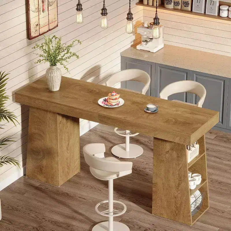 Lantine 63-Inch Long Bar Table with Storage, Counter Height Pub Table Home Bar Unit with Storage Shelves for Dining Room, Coffee Corner, Bistro