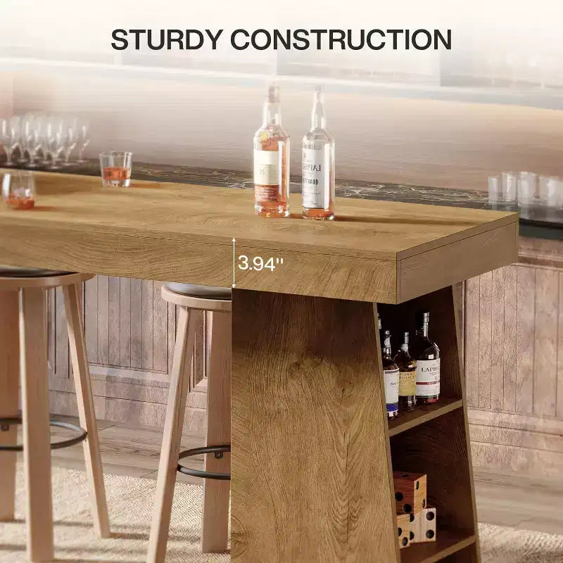 Lantine 63-Inch Long Bar Table with Storage, Counter Height Pub Table Home Bar Unit with Storage Shelves for Dining Room, Coffee Corner, Bistro