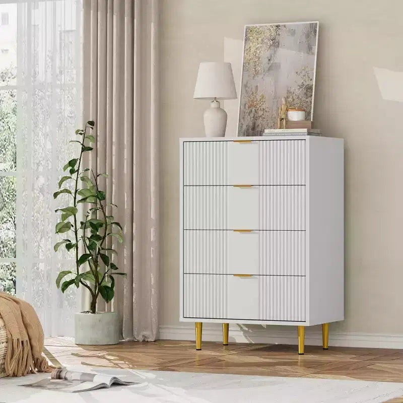 Fluted Dresser for Bedroom with 4 Drawers, 36.9 Tall Modern Chest of Drawers with Metal Handle, Wooden Closet Clothes Storage Organizer
