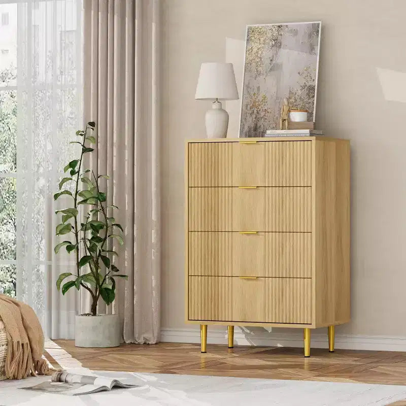 Fluted Dresser for Bedroom with 4 Drawers, 36.9 Tall Modern Chest of Drawers with Metal Handle, Wooden Closet Clothes Storage Organizer