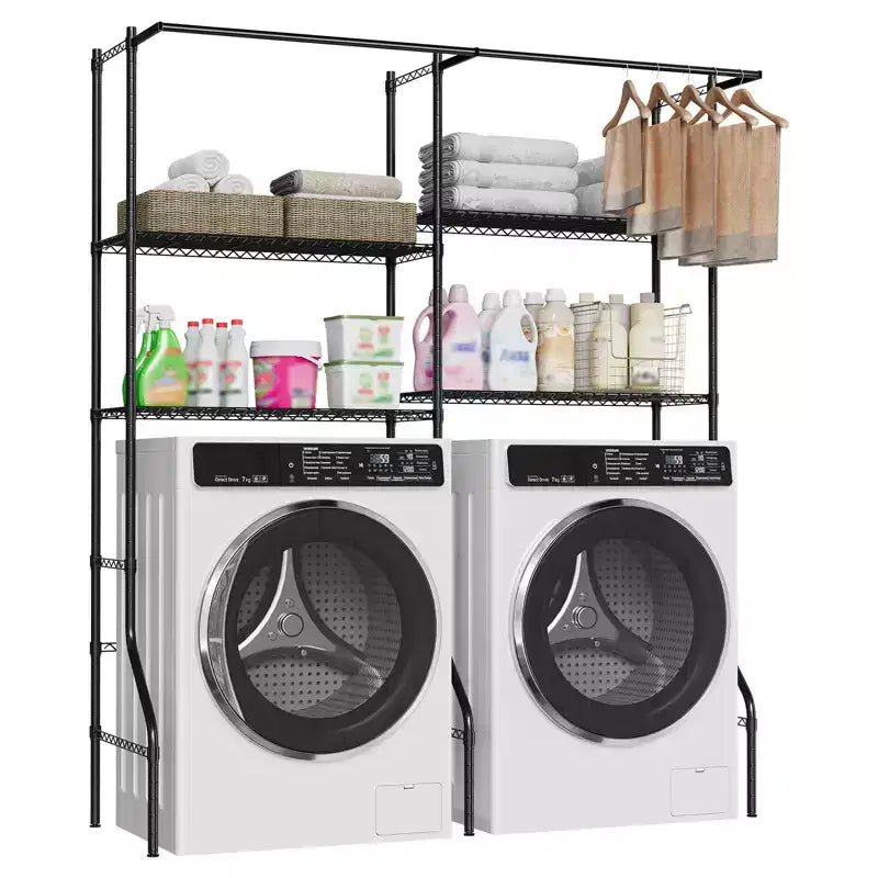 COZONY Over Washer Dryer Storage Shelves, 4-Tier Heavy Duty Laundry Organizer with Adjustable Drying Rods and Hooks