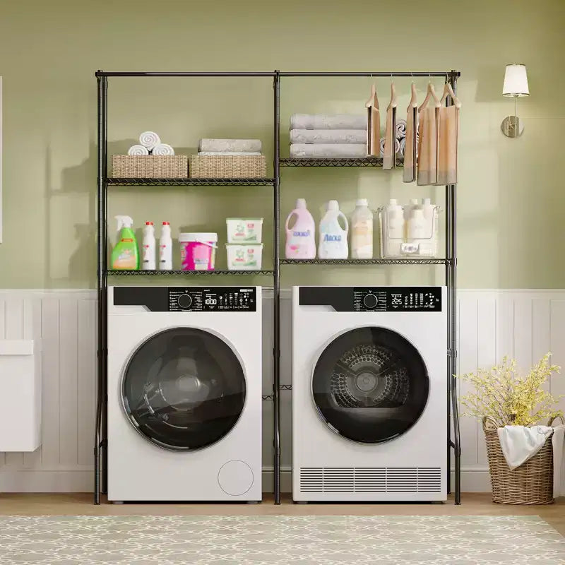 COZONY Over Washer Dryer Storage Shelves, 4-Tier Heavy Duty Laundry Organizer with Adjustable Drying Rods and Hooks