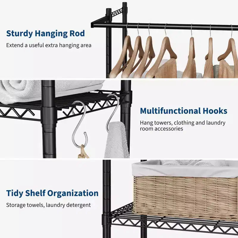 COZONY Over Washer Dryer Storage Shelves, 4-Tier Heavy Duty Laundry Organizer with Adjustable Drying Rods and Hooks