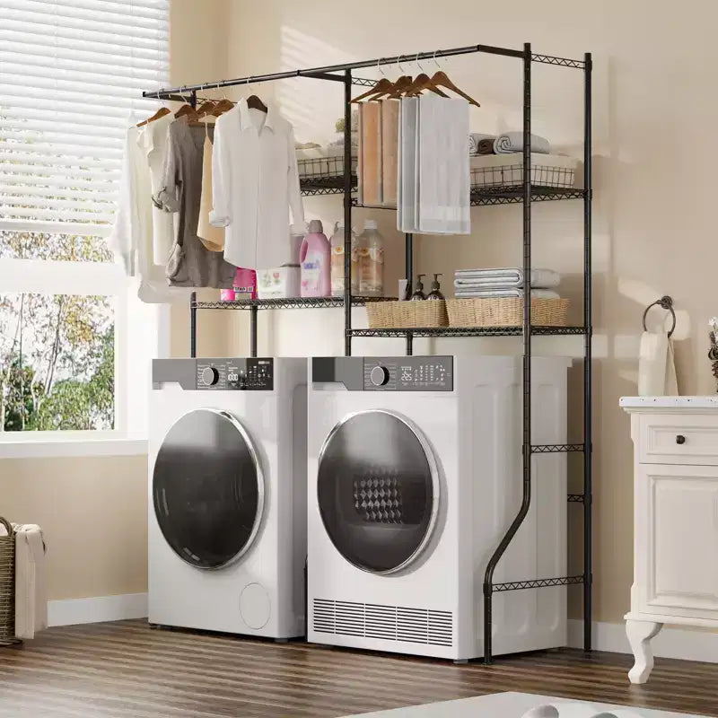 COZONY Over Washer Dryer Storage Shelves, 4-Tier Heavy Duty Laundry Organizer with Adjustable Drying Rods and Hooks