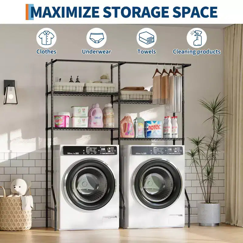 COZONY Over Washer Dryer Storage Shelves, 4-Tier Heavy Duty Laundry Organizer with Adjustable Drying Rods and Hooks