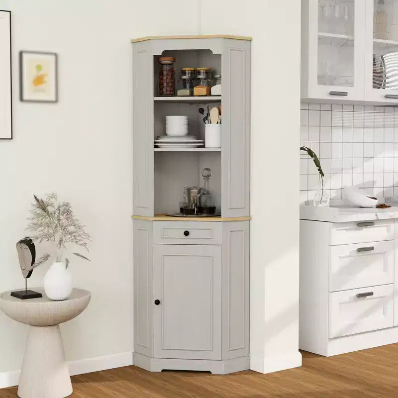 68 Tall Corner Cabinet, 3 Tier Freestanding Bar Storage Cabinet, Corner Bathroom Cabinet