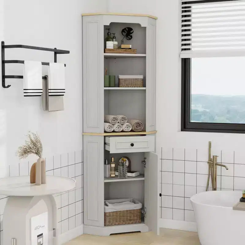 68 Tall Corner Cabinet, 3 Tier Freestanding Bar Storage Cabinet, Corner Bathroom Cabinet