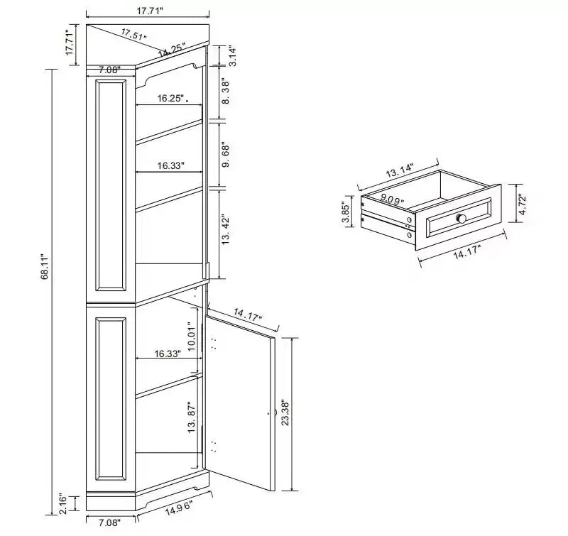 68 Tall Corner Cabinet, 3 Tier Freestanding Bar Storage Cabinet, Corner Bathroom Cabinet