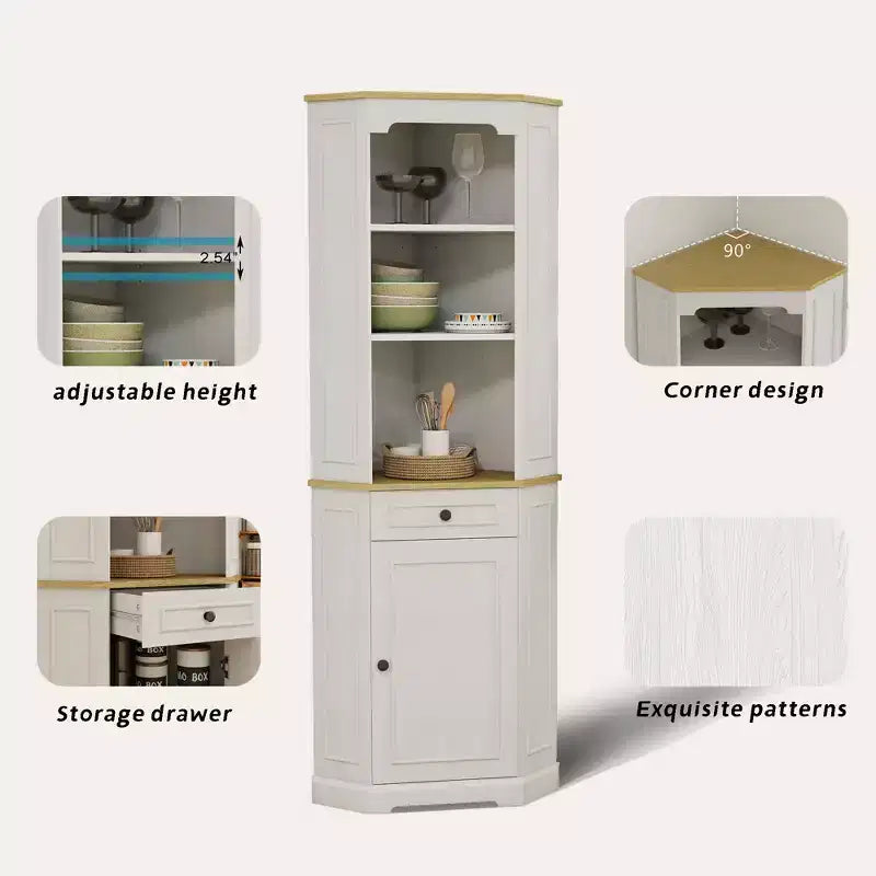 68 Tall Corner Cabinet, 3 Tier Freestanding Bar Storage Cabinet, Corner Bathroom Cabinet