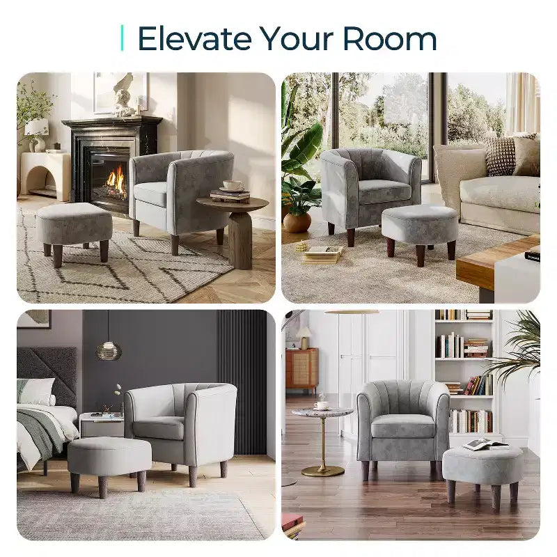 Barrel Chair with Ottoman, Velvet Accent Chair Round Armchair Reading Chair with Footrest for Bedroom, Small Spaces